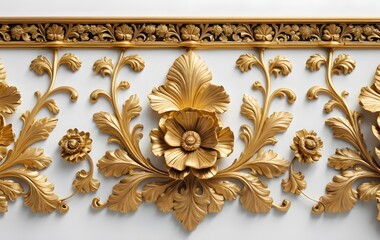 Golden Floral Ornament, Exquisite Design. Intricate Carvings, Flowing Curves. Luxurious Gold Details, Decorative Element. Elegant Classical Style, Architectural Accent. Beautiful Art Piece.
