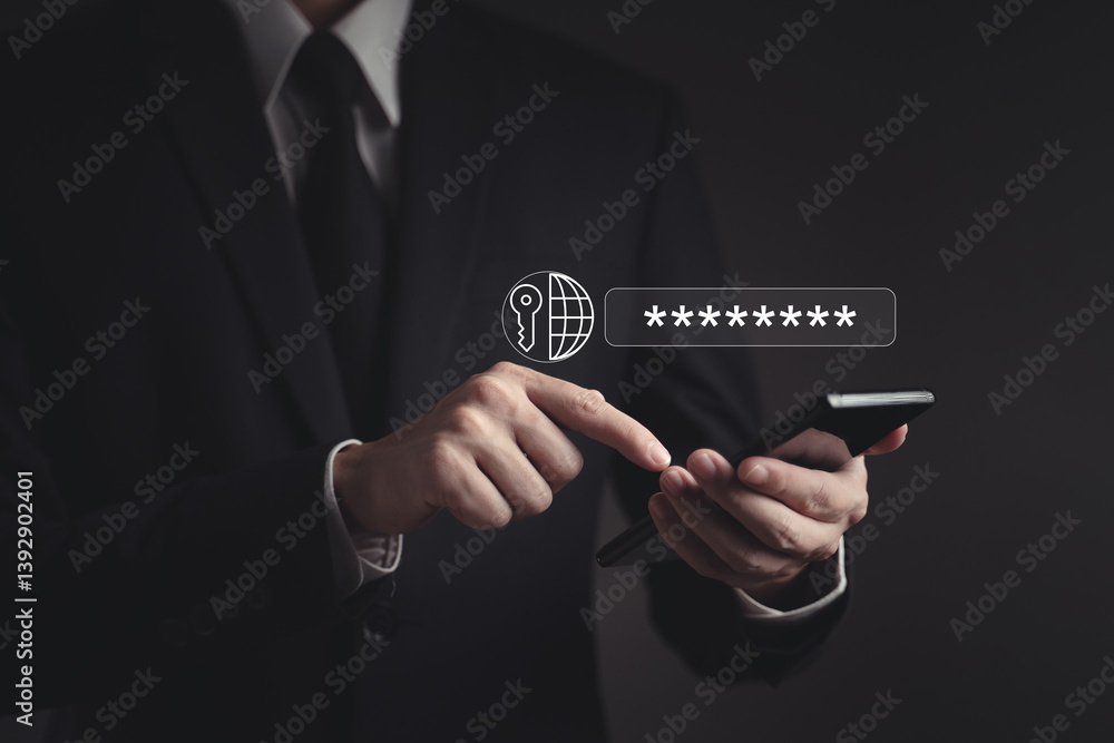Poster cyber security concept. person use smartphone to login and password for secured internet access and 