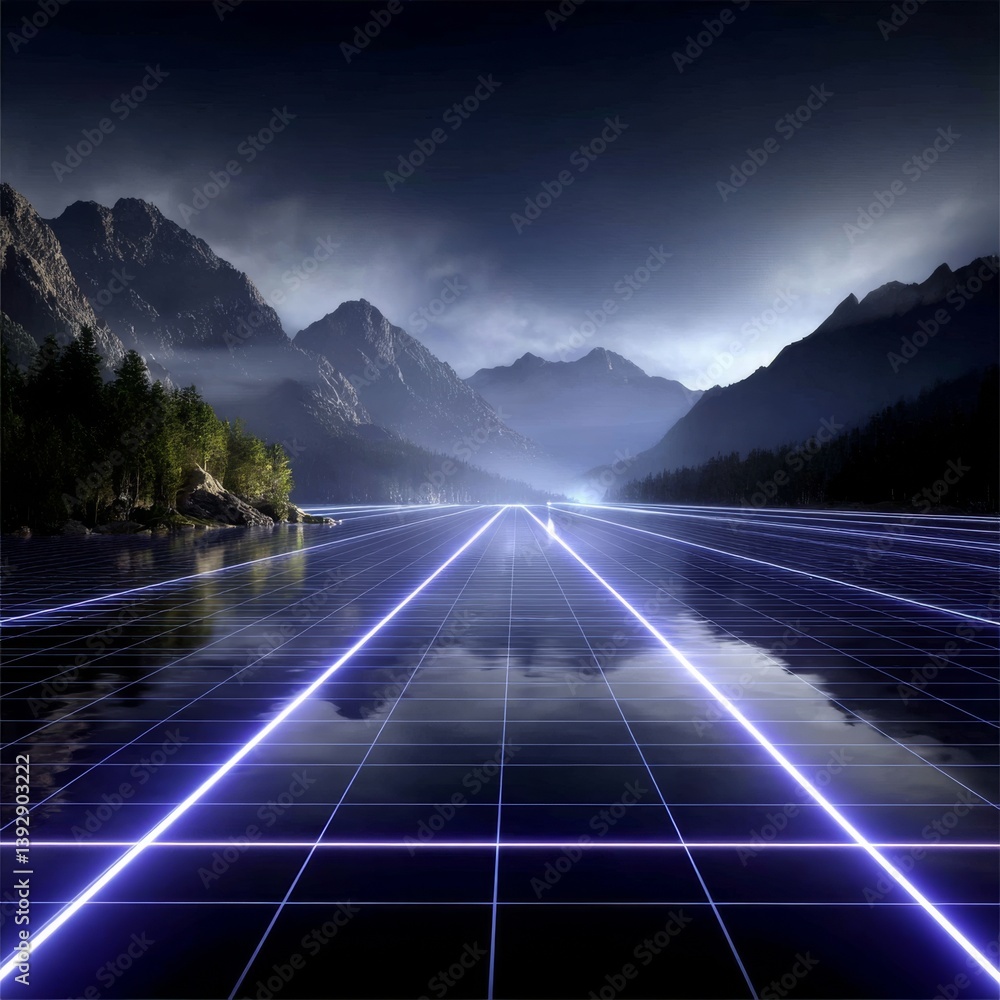 Poster cyberpunk lake reflection: glowing grid lines reflecting mountains in a digital landscape