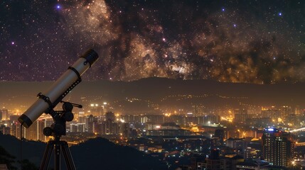 Rooftop stargazing setup in a bustling city where a person escapes the neon lights to view distant galaxies through a telescope The contrast between urban glow and cosmic beauty is stunning