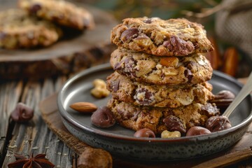 Fototapeta premium Deliciously baked cookies golden brown treats with chocolate chips and nuts awaiting indulgence