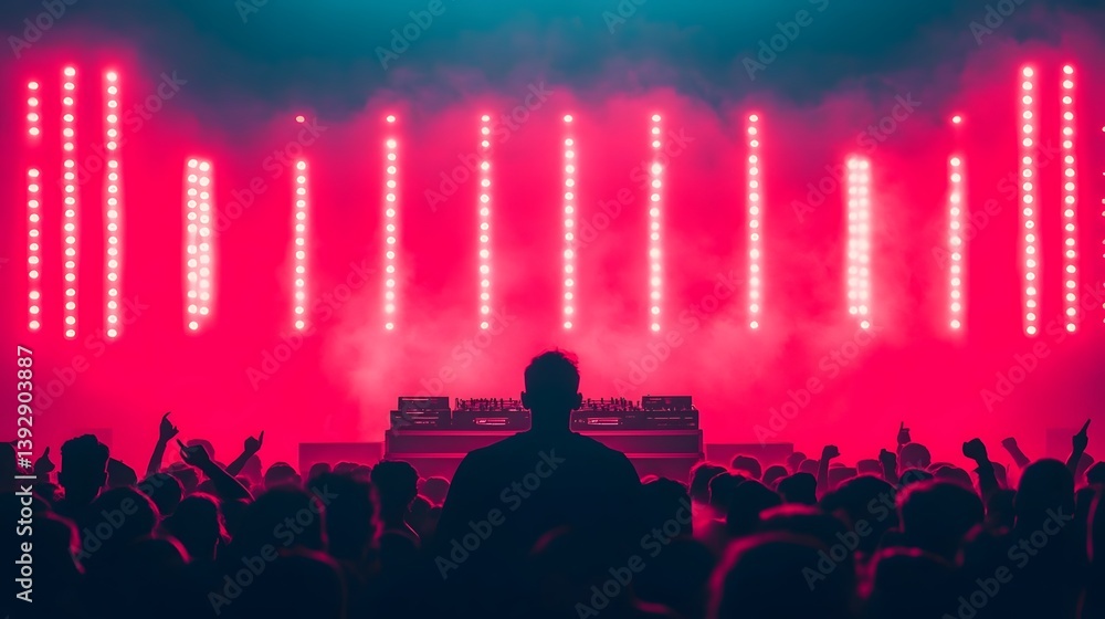Poster energetic dj performance on massive stage with jumping crowd and flashing strobe lights