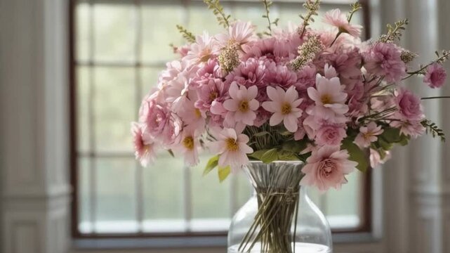 A crystal vase filled with fresh ester flowers, placed on a gleaming marble counter with soft natural light spilling across the scene, captured in high-definition detail.
