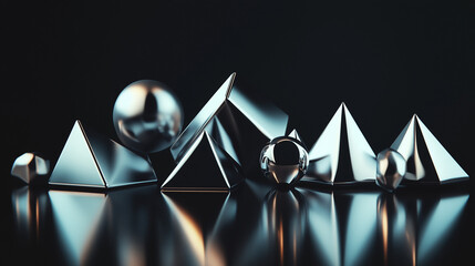 Polished gold, silver, metal, steel geometry shapes objects 3D asset place reflection in dark background.