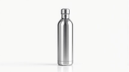 Stainless steel water bottle standing on white background