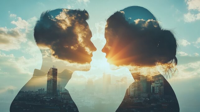 A striking double exposure of a couple facing each other, overlaid with a vibrant cityscape and sunset sky. Evocative and dreamlike