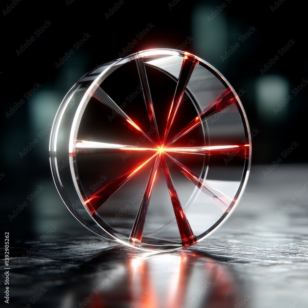 Poster futuristic crystal wheel with glowing red core: a mesmerizing display of transparency and intense li