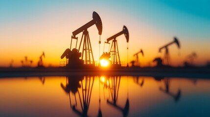 Obraz premium Silhouetted Oil Pumpjacks at Sunset with Reflective Puddle