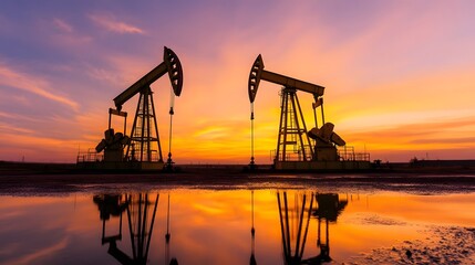 Obraz premium Silhouetted Oil Pumpjacks at Dramatic Sunset with Reflected in Puddle