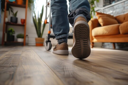 Closeup of Feet Using Walking Aids in a Living Room, senior using walker equipment with assist