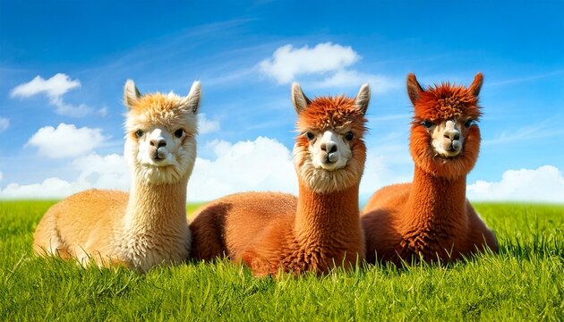 Three baby alpacas laying close in the grass, curly fur, blue sky in background