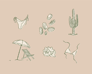 Summer vacation icons collection bikini shell cactus beach umbrella and chair swimsuit drawing in graphic style on brown background