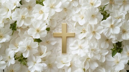 Golden cross surrounded by white flowers faith and religion christianity easter and spiritual symbol 100