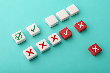 Obraz premium incomplete. completion. issue – Red and White Blocks, Green Check Marks, Red X Symbols on Turquoise Flat Lay Background for Assessment, Voting, and Business Concept Design