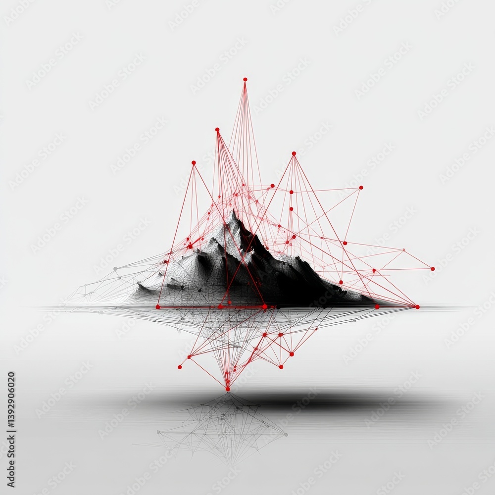 Leinwandbilder geometric mountainscape: abstract network of peaks and reflections with red connections on a white c