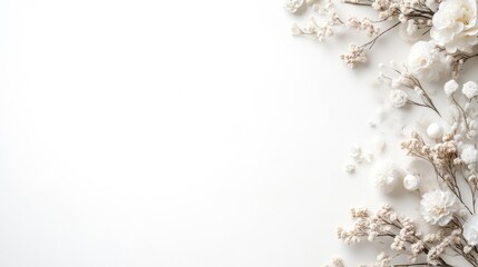 Fototapeta premium Delicate white flowers and sprigs arranged on a pristine white background. Soft, neutral tones create a calming and elegant aesthetic