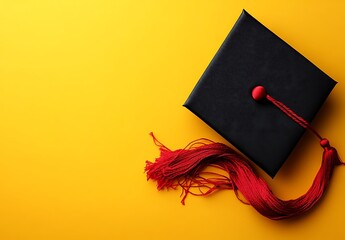 Graduation Cap With Red Tassel On Yellow Background Represents Academic Achievement And Success