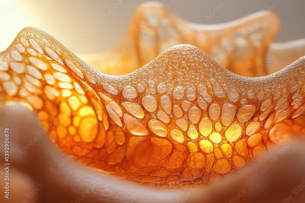 Poster abstract macro shot of an organic-looking orange structure with small cells and bright glowing areas