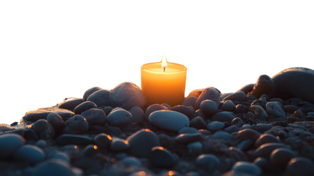 Tranquil Coastal Scene: Single Lit Candle on Beach Rocks Creating Serene Ambiance