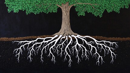towering oak tree with a massive root structure spreading out beneath the surface, symbolizing strength and endurance. oak tree, massive roots, strength, endurance, stability, large roots, deep 