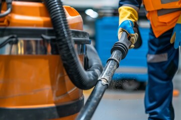 Close up of male using dust removal with modern vacuum cleaner. Construction cleaning service