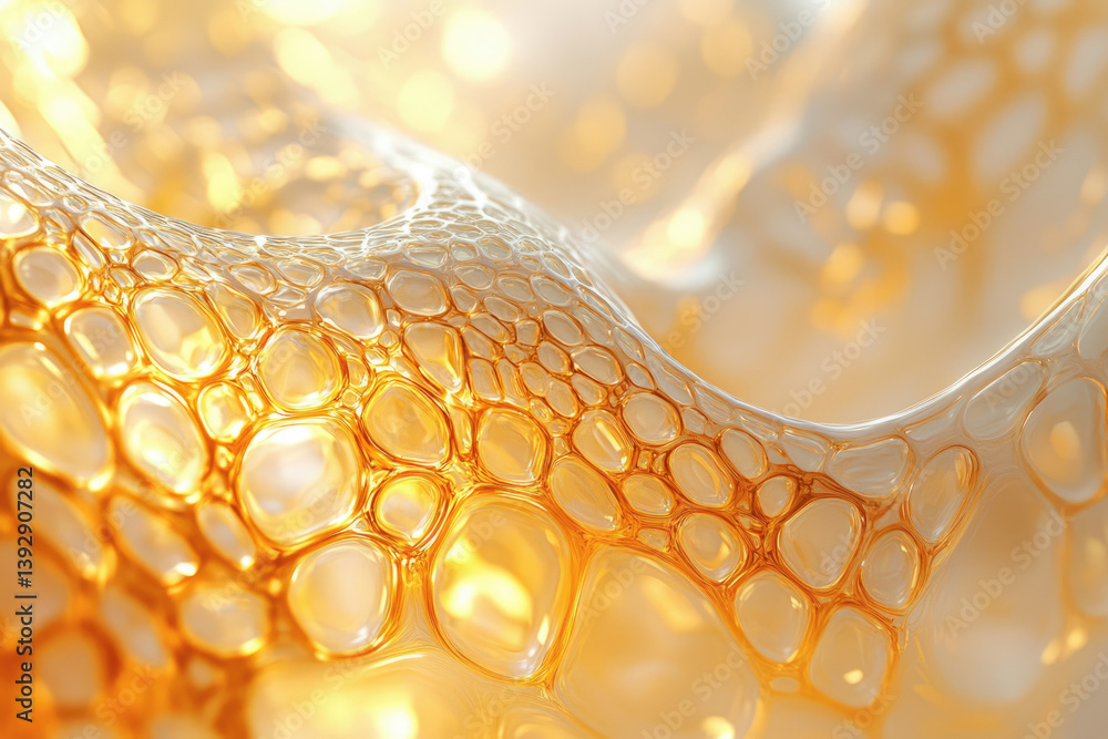 Poster A close-up of golden liquid with bubbly structure, creating a luminous and textured organic surface with glistening highlights and intricate formations.