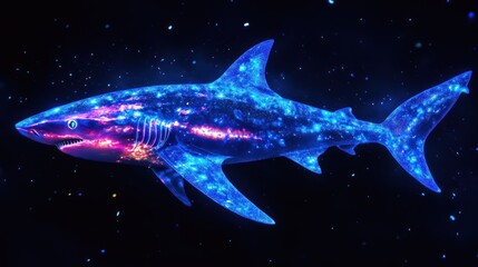 Celestial predator: A shark adorned with cosmic wonders amidst a dark background