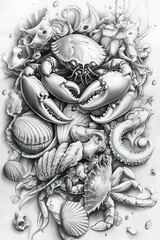 Obraz premium Monochrome illustration of a crab amidst various seashells and marine creatures.