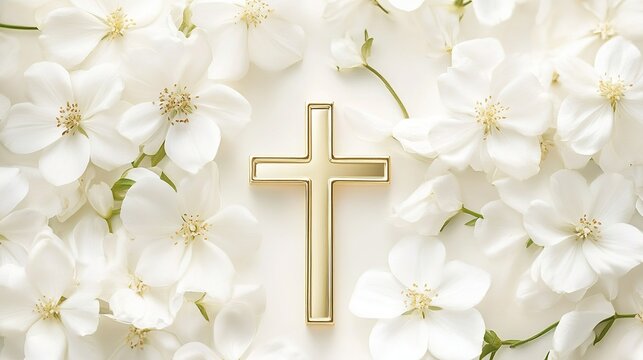 Golden cross with white flowers background christian faith easter baptism confirmation first communion 100 char - Powered by Adobe