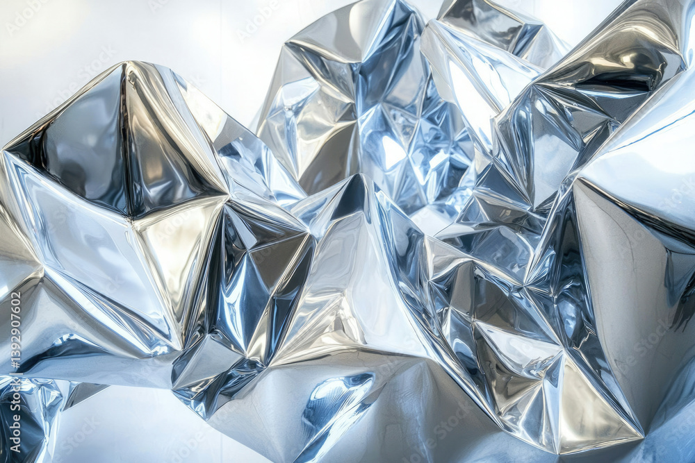 Poster a gleaming landscape of silver, reflecting light in faceted peaks and valleys, creating a modern, ab
