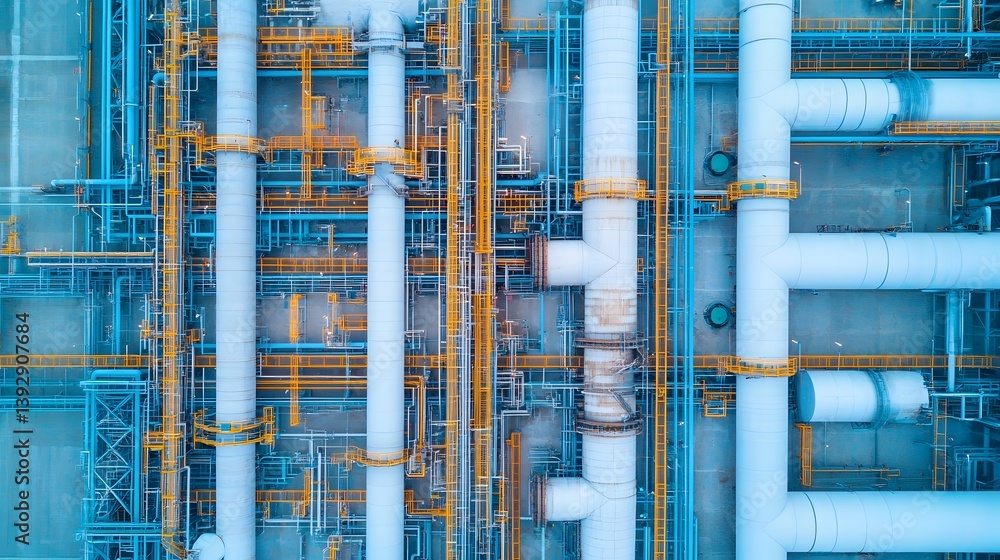 Poster intricate pipework and structures of a massive petrochemical complex from an aerial perspective