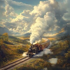 Obraz premium Vintage Steam Train Journey Through Autumnal Landscape
