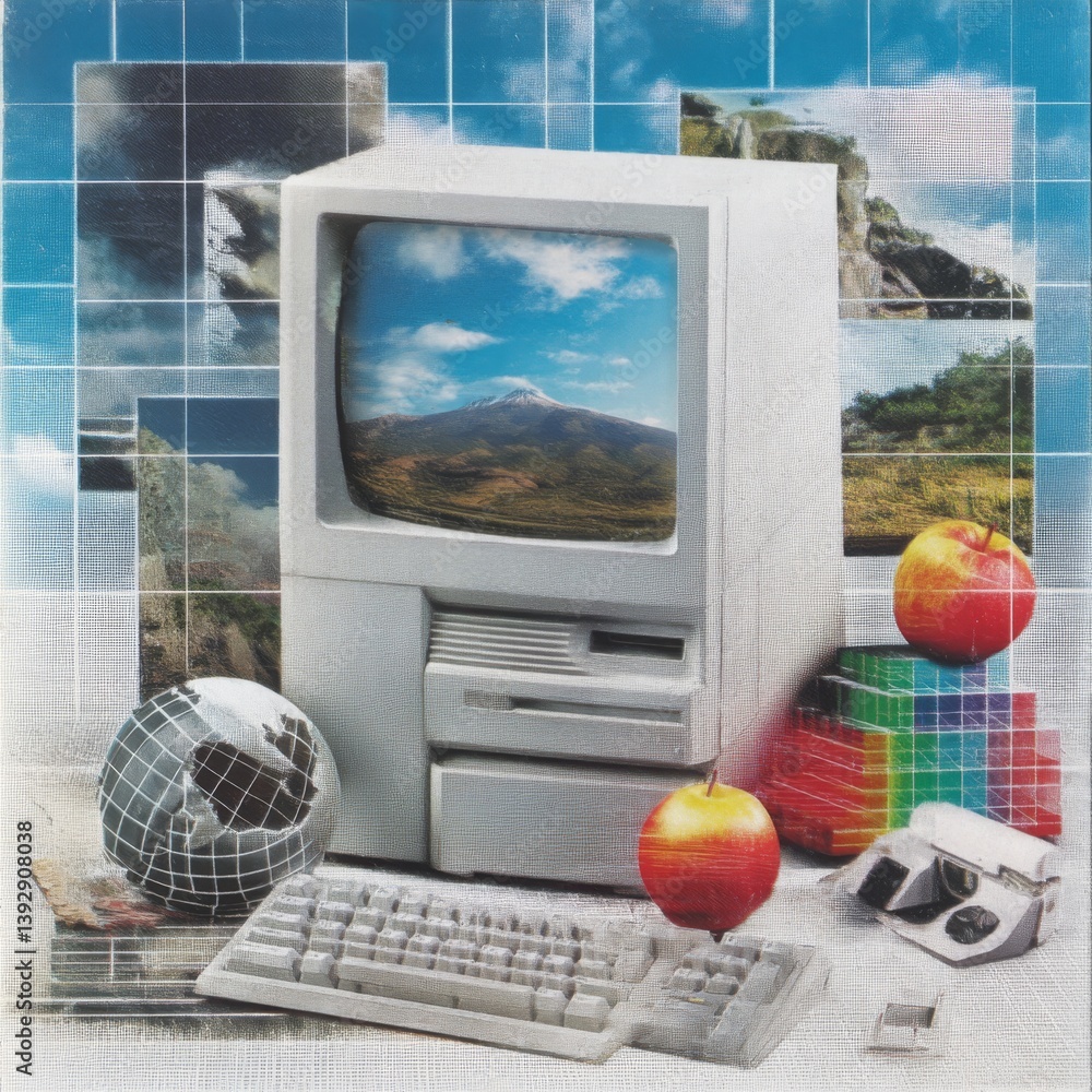 Poster retro computing: a still life with apple, globe, mountain view and pixelated dreams of the future