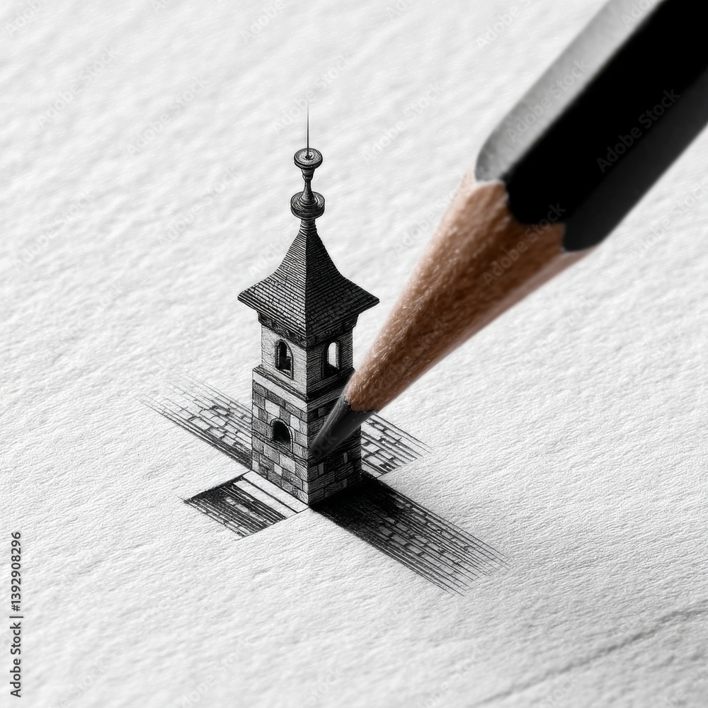 Poster sketching dreams: a graphite pencil brings an intricate tower to life on textured paper, shadows dan