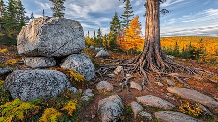 Naklejka premium massive, ancient tree with roots sprawling over large rocks and the forest floor, reflecting its long-standing growth. ancient tree, sprawling roots, massive roots, rock foundation, forest floor, 