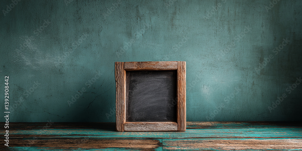 Poster rustic wooden frame with blank chalkboard on teal textured wall, creating a vintage, rustic scene id