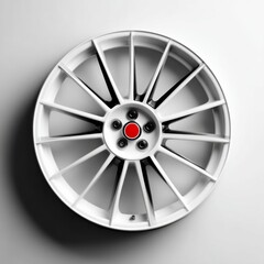 Obraz premium Sleek White Alloy Wheel with Red Center Cap: A Modern Automotive Design Displayed on a Clean, Minimalist Background
