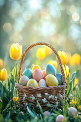 Easter basket filled with colorful eggs 