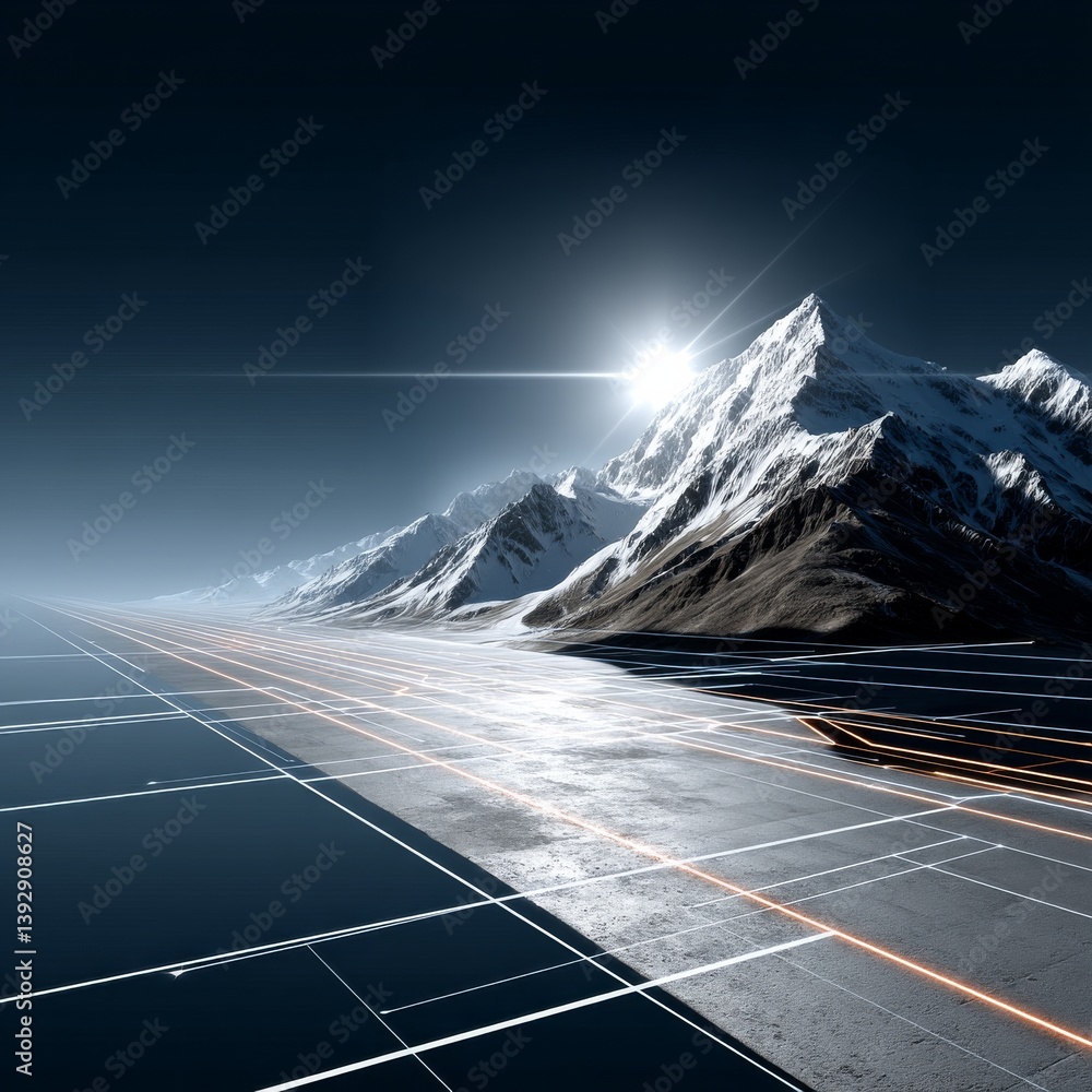 Poster snowy peaks and futuristic grid: a stark contrast of nature and technology in a digital landscape
