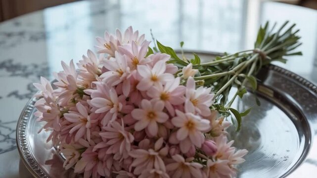 Close-up of a delicate ester flower bouquet placed on a silver platter in the center of a round, polished marble table, soft light illuminating the petals in ultra-realistic detail.
