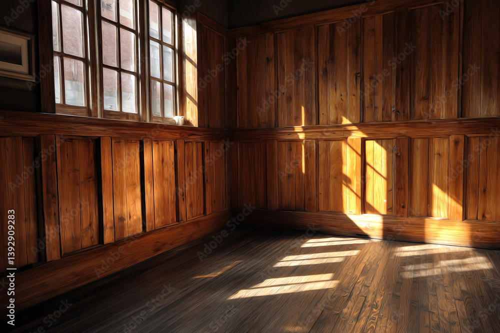 Aufkleber Sunlight streams through window into wooden room, illuminating floor and walls, creating warm, inviting atmosphere, showcasing rustic charm and free space for text or product placement