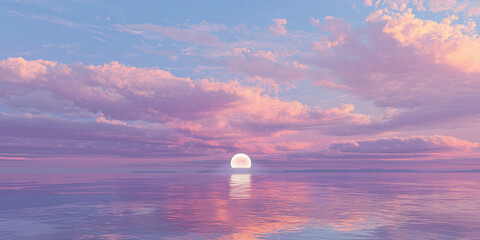 Dreamlike pink sunset over still water with glowing celestial orb
