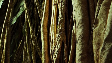 close-up of thick, twisted banyan tree roots descending from branches into the soil, creating a labyrinth of wooden pillars in a tropical setting. banyan tree, thick roots, twisted texture, 