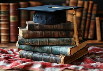 Graduation Cap On Stack Of Old Books Representing Academic Achievement And Education