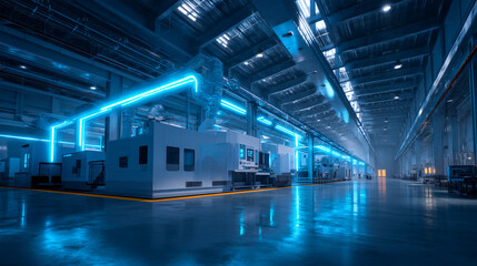 Obraz premium Illuminated factory interior with machinery and a shiny floor reflecting the overhead lights