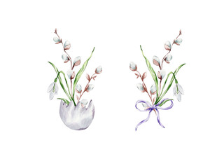Two bouquets of snowdrops, willow, batik and eggshell on a white background.