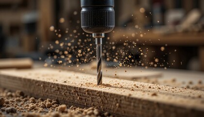 Power drill creating wood shavings in workshop environment  