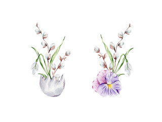 Two bouquets of snowdrops, willow, violets and eggshells on a white background.
