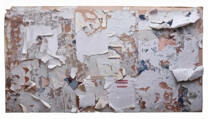 A distressed urban texture of wet, wrinkled posters partially peeling