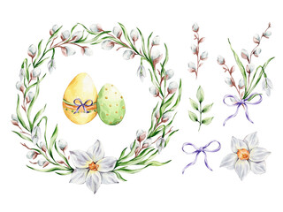 Set with colorful Easter eggs, leaves, a bow and a bouquet of snowdrops, willow and daffodils on a white background.